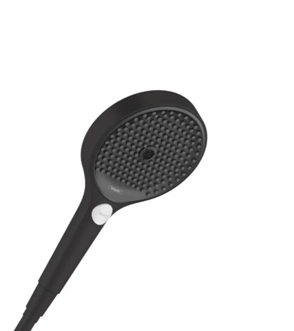 Hansgrohe Handbrause mit runder Düse und Griff in mattschwarzem Finish, ausgestattet mit verschiedenen Strahlarten. Kabelanschluss sichtbar.